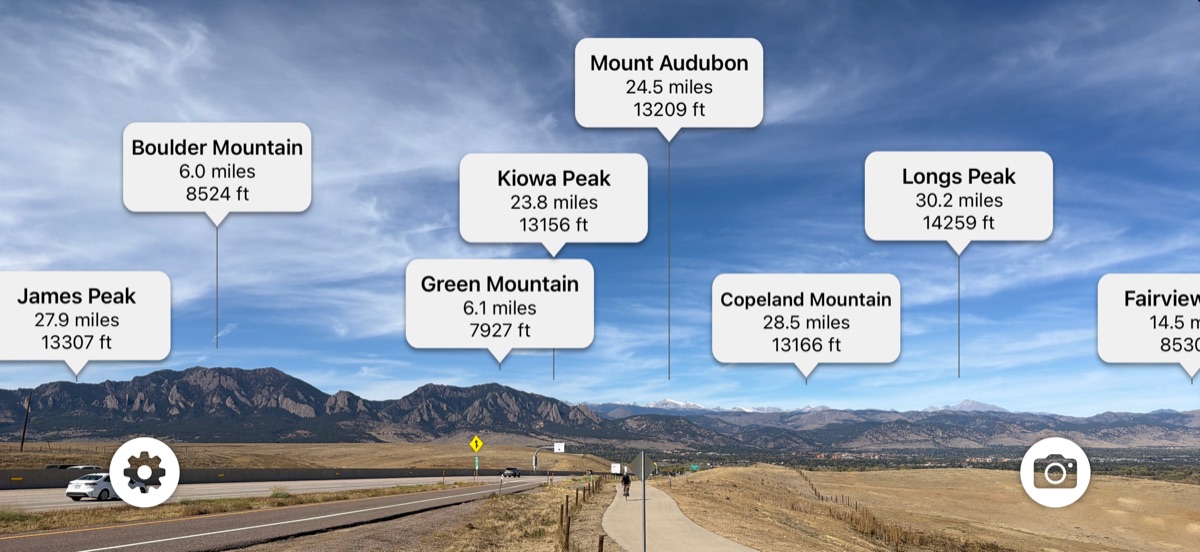 A landscape view of Colorado's Front Range with labels for James Peak, Kiowa Peak, Mount Audubon, Longs Peak, and more