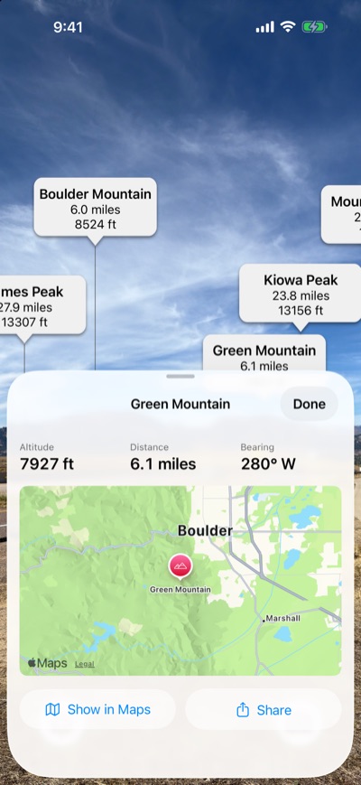 The peak detail sheet showing a summit's altitude, distance, bearing, and a map