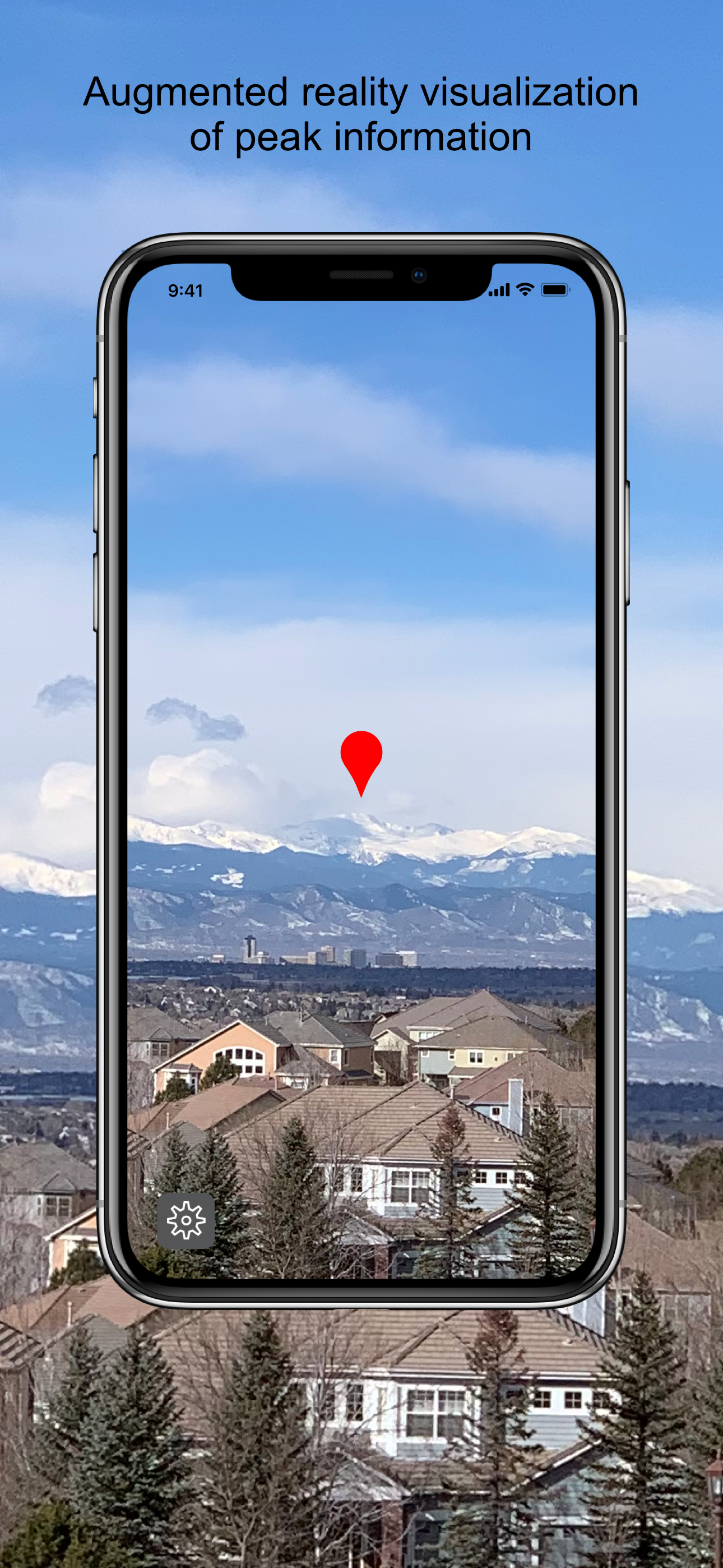 SummitPeek AR view showing a location pin hovering over a snowy mountain range